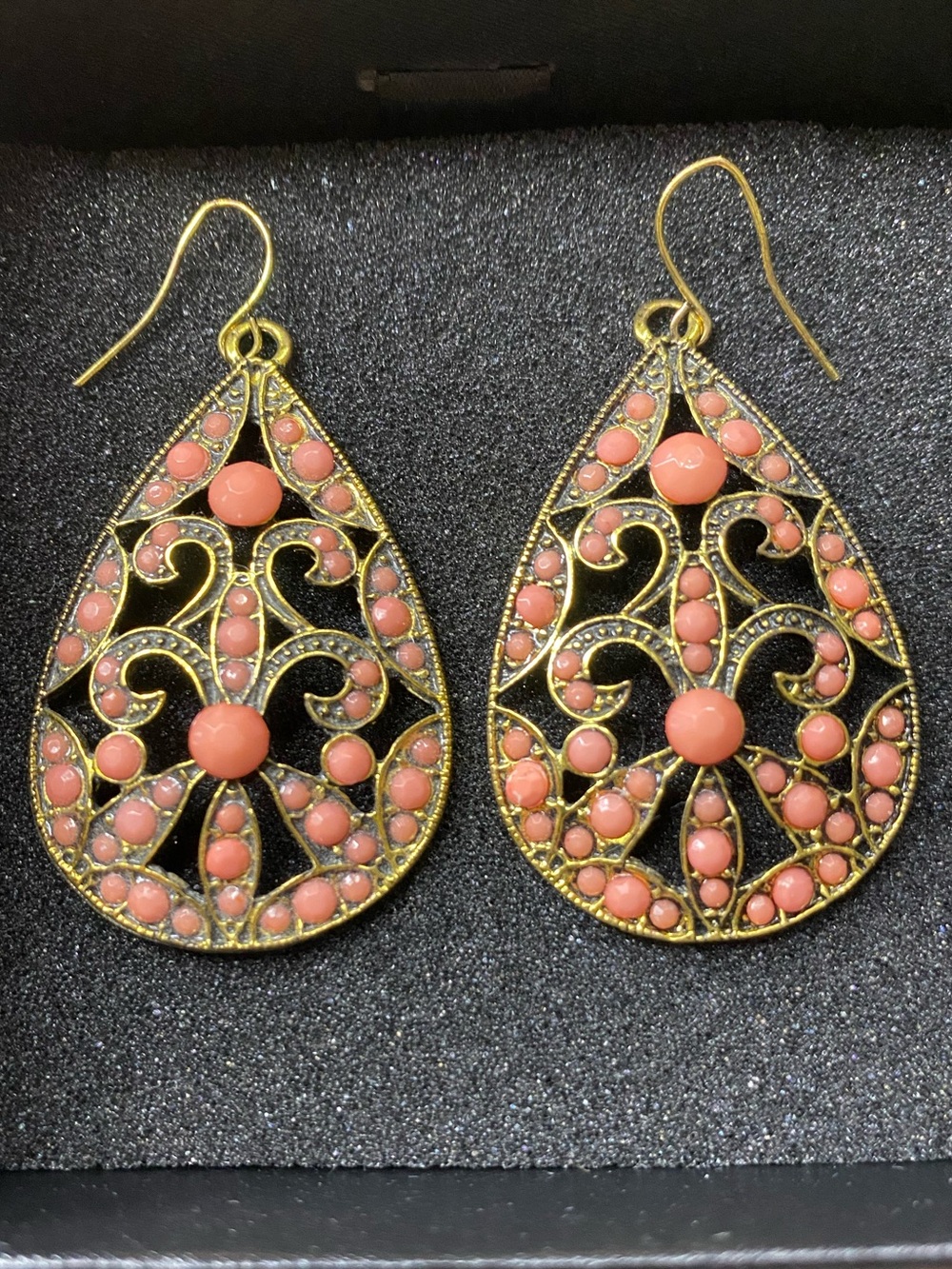 Francesca’s Teardrop Filigree Ornate Antique Gold Earrings with Coral Stones